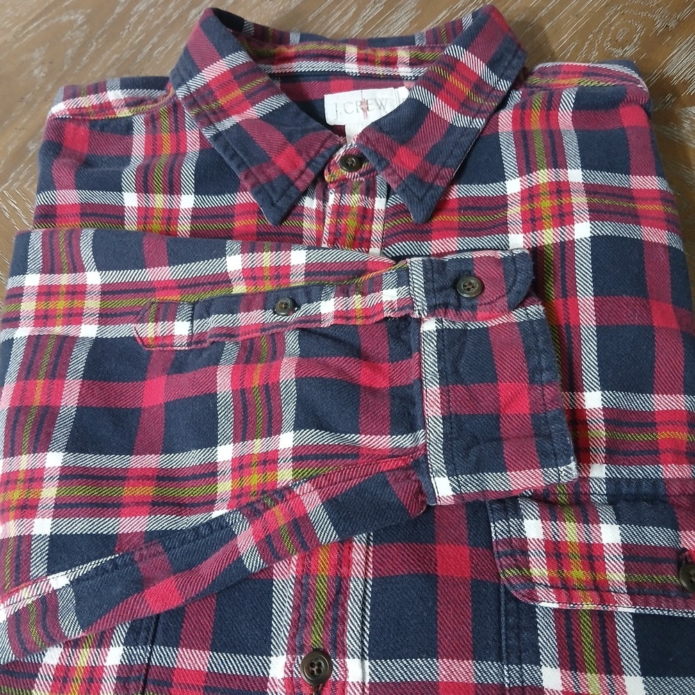 J Crew Long Sleeve Shirt Men Sz XL Navy, White, Yellow Tartan Plaid Flannel